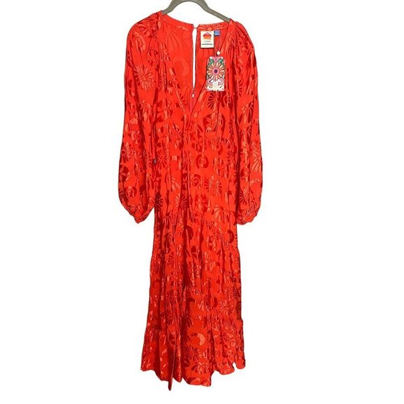 NWT Farm Rio Long-Sleeve V-Neck Jacquard Maxi Dress NEW Size Large Satin - Picture 4 of 8
